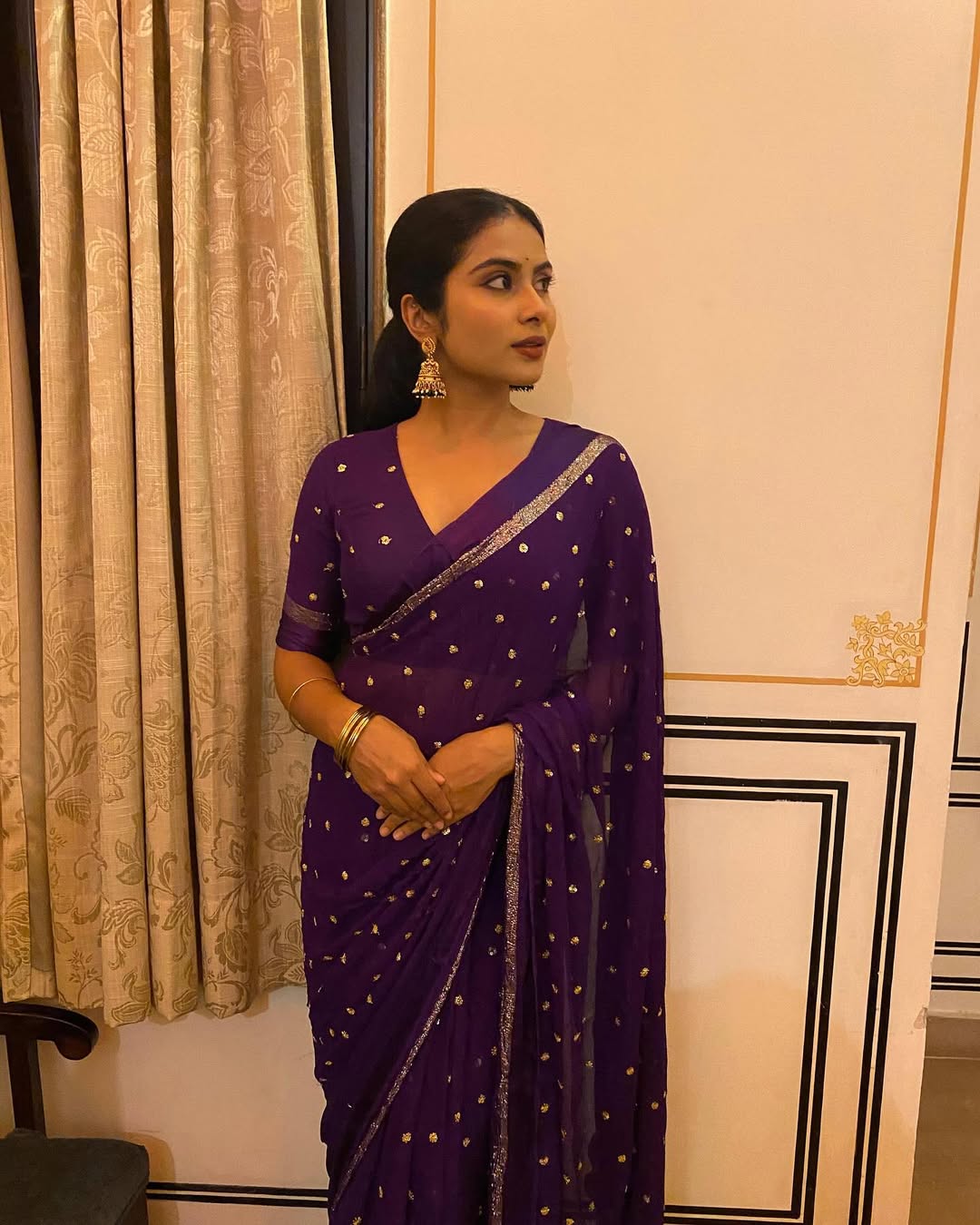 Violet Viscose Georgette Sequins Saree with Satin Border & Contrast Blouse – Partywear Collection