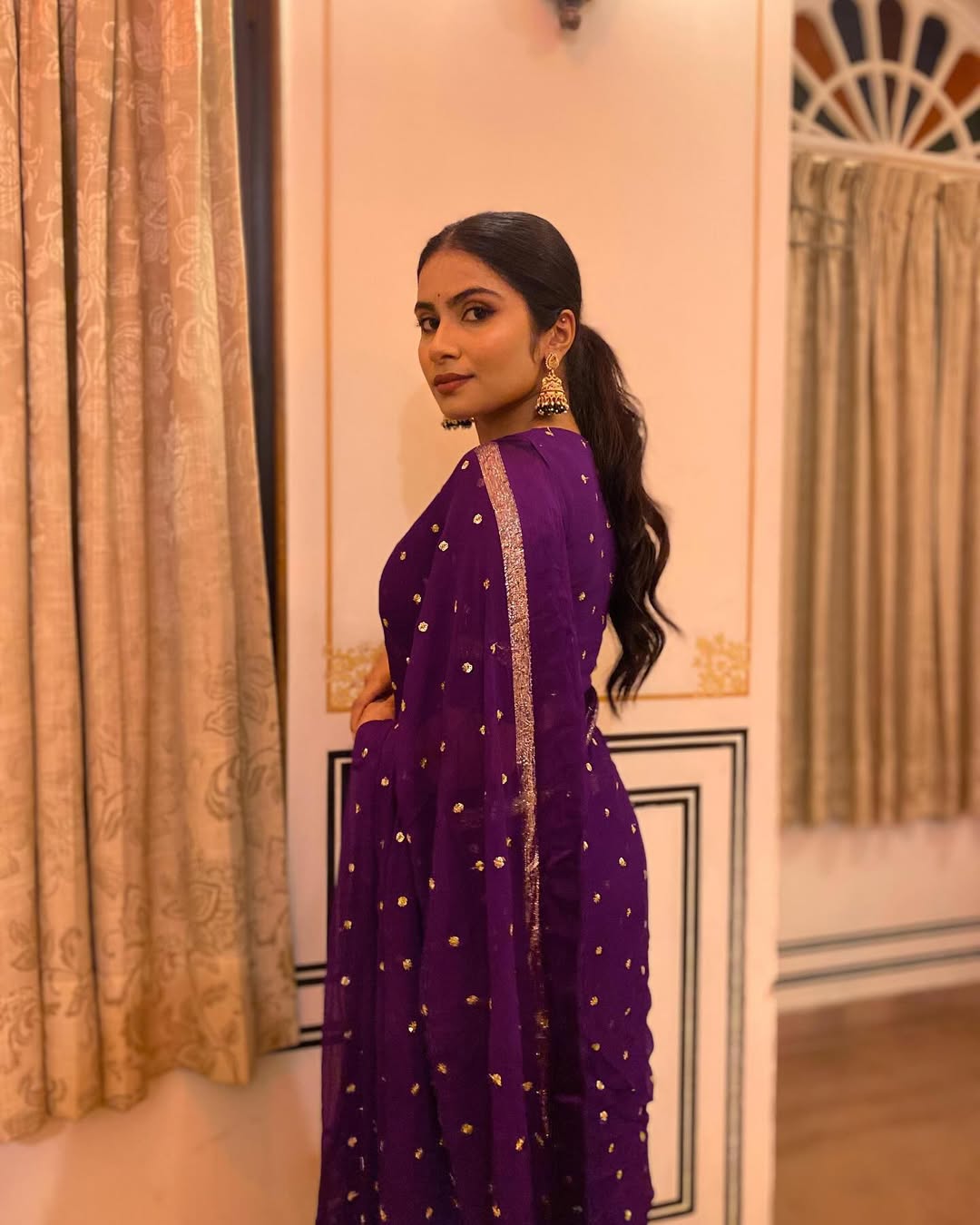 Violet Viscose Georgette Sequins Saree with Satin Border & Contrast Blouse – Partywear Collection