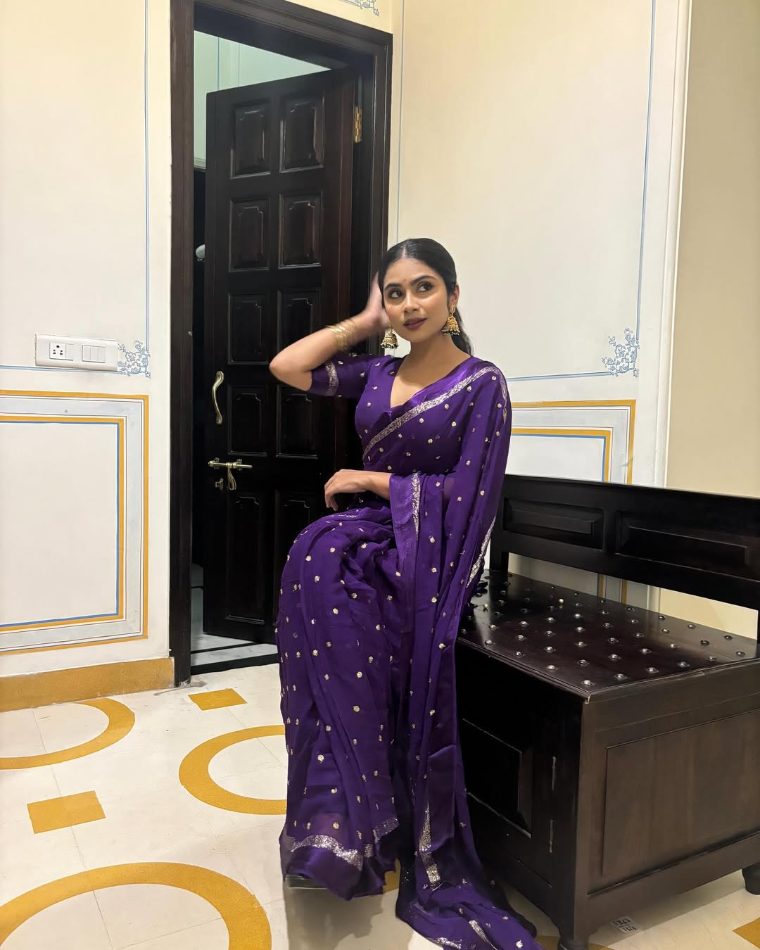 Violet Viscose Georgette Sequins Saree with Satin Border & Contrast Blouse – Partywear Collection