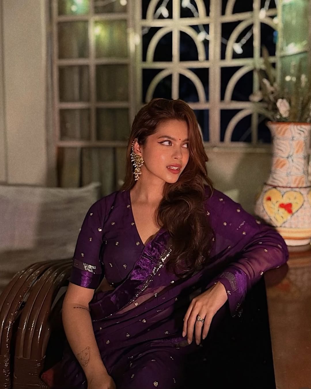 Violet Viscose Georgette Sequins Saree with Satin Border & Contrast Blouse – Partywear Collection