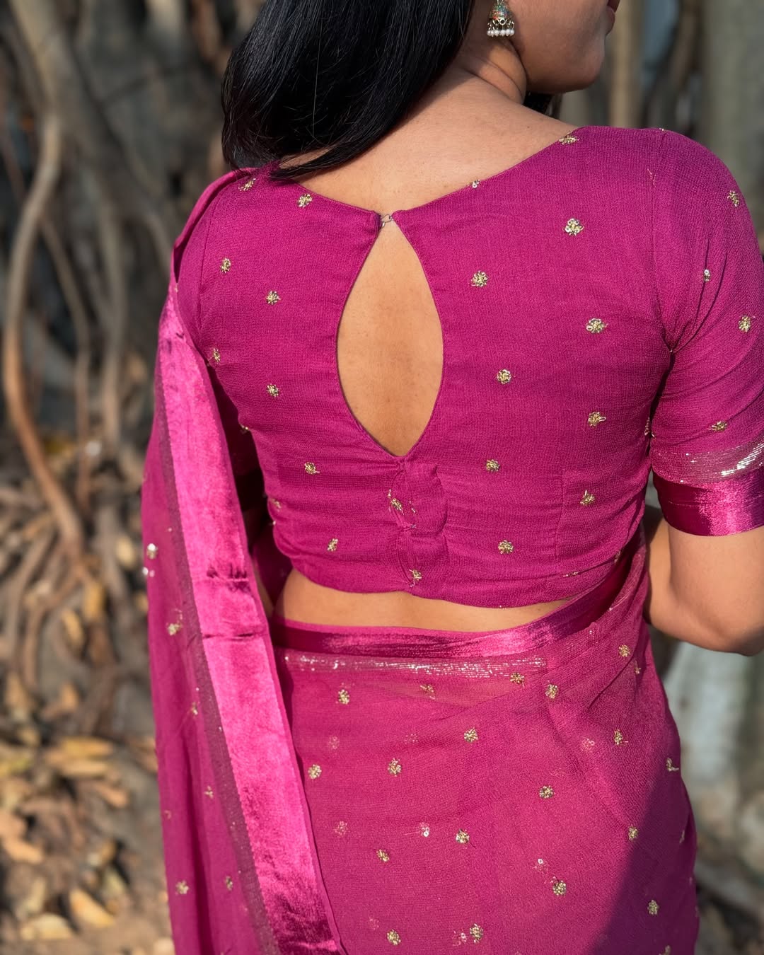 Fuschia pink Viscose Georgette Sequins Saree with Satin Border & Contrast Blouse – Partywear Collection