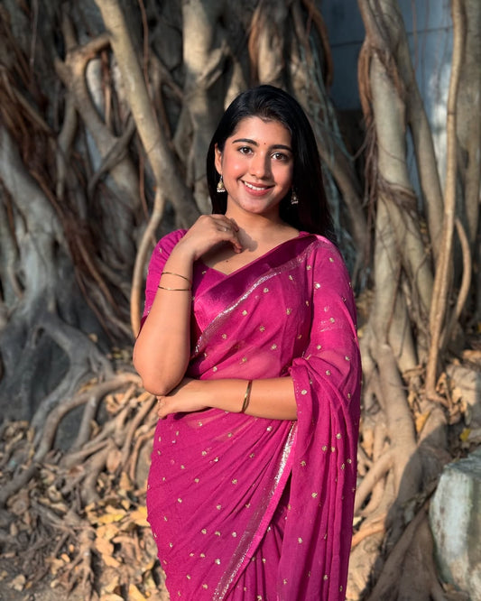 Fuschia pink Viscose Georgette Sequins Saree with Satin Border & Contrast Blouse – Partywear Collection