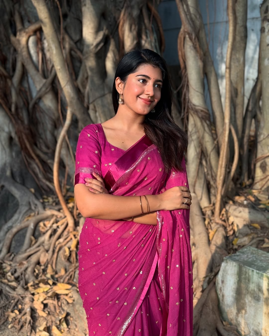 Fuschia pink Viscose Georgette Sequins Saree with Satin Border & Contrast Blouse – Partywear Collection