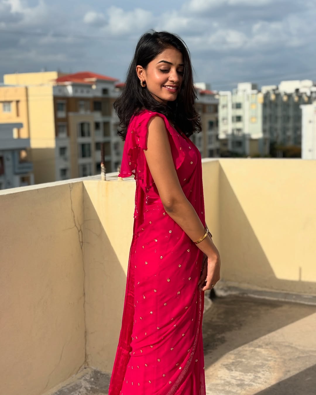 Rani Pink Viscose Georgette Sequins Saree with Satin Border & Contrast Blouse – Partywear Collection