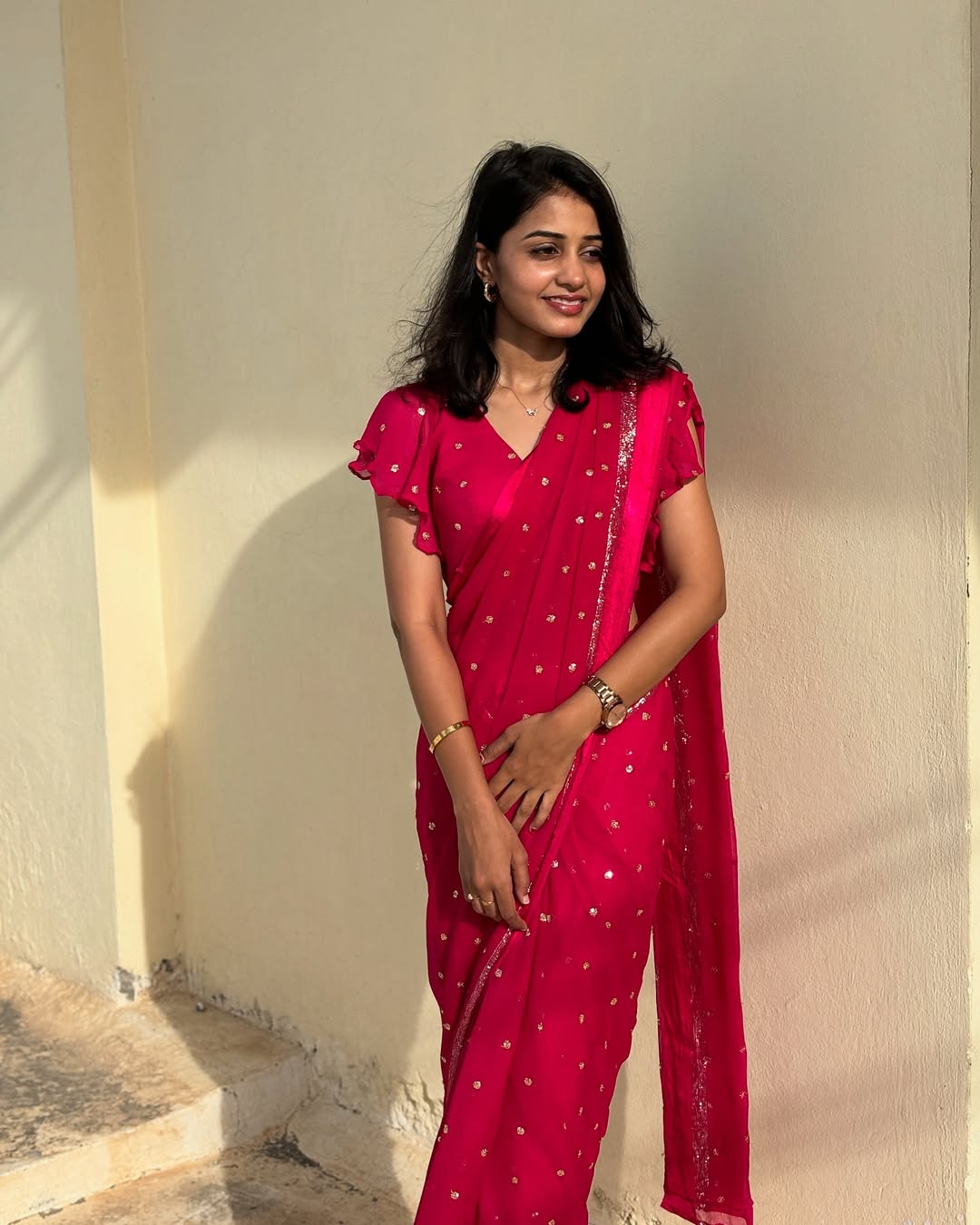 Rani Pink Viscose Georgette Sequins Saree with Satin Border & Contrast Blouse – Partywear Collection