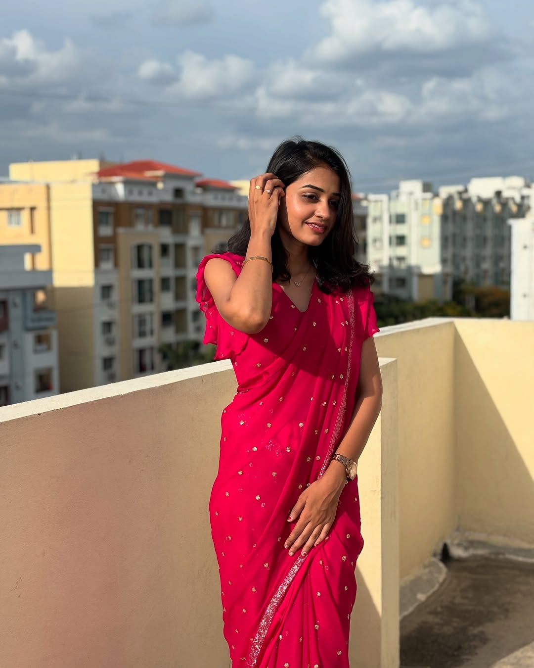 Rani Pink Viscose Georgette Sequins Saree with Satin Border & Contrast Blouse – Partywear Collection