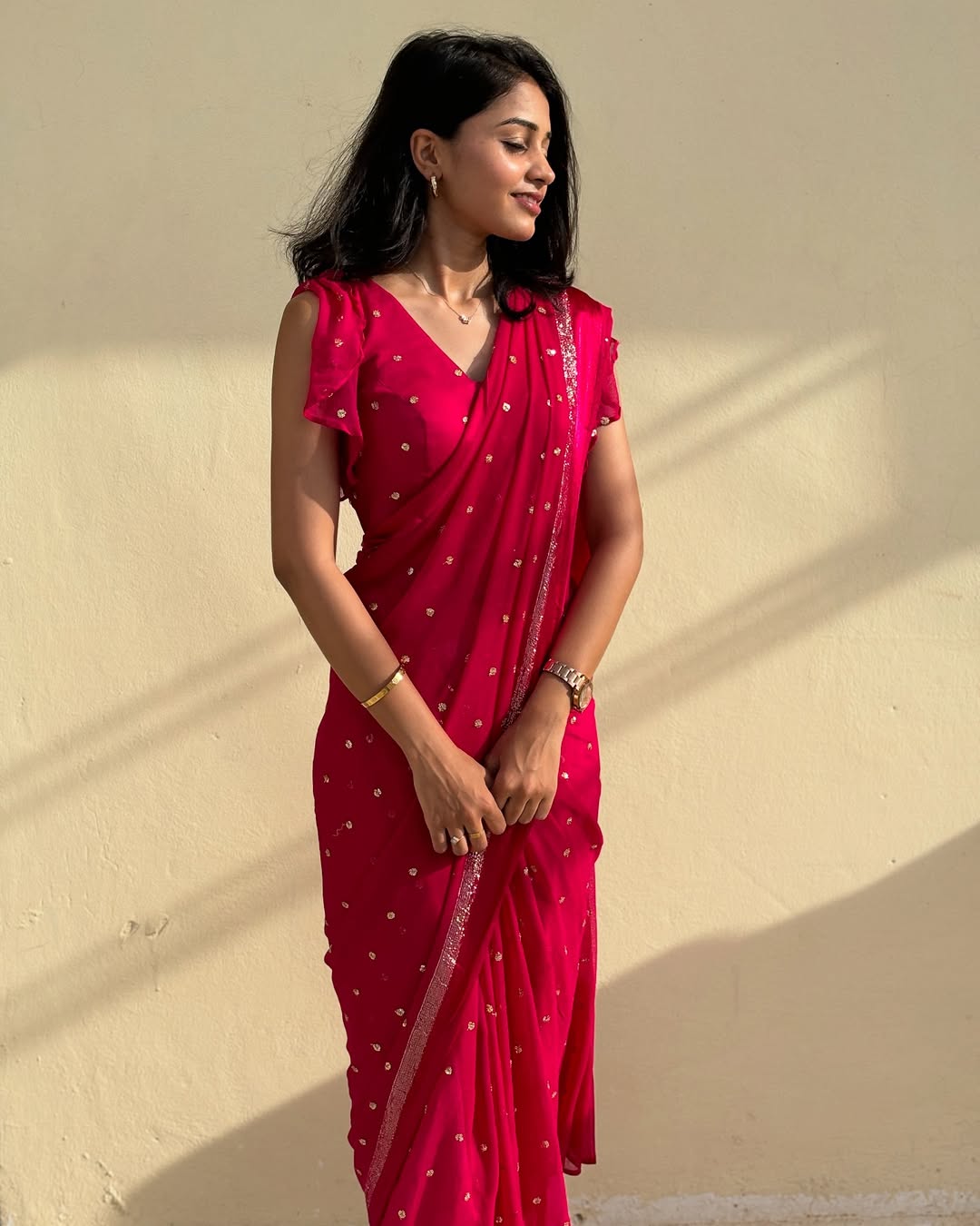 Rani Pink Viscose Georgette Sequins Saree with Satin Border & Contrast Blouse – Partywear Collection