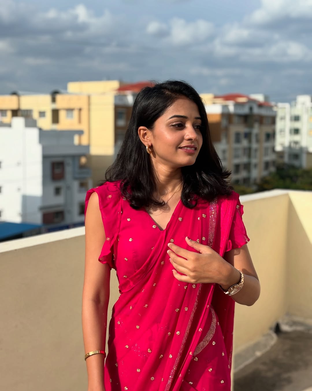 Rani Pink Viscose Georgette Sequins Saree with Satin Border & Contrast Blouse – Partywear Collection