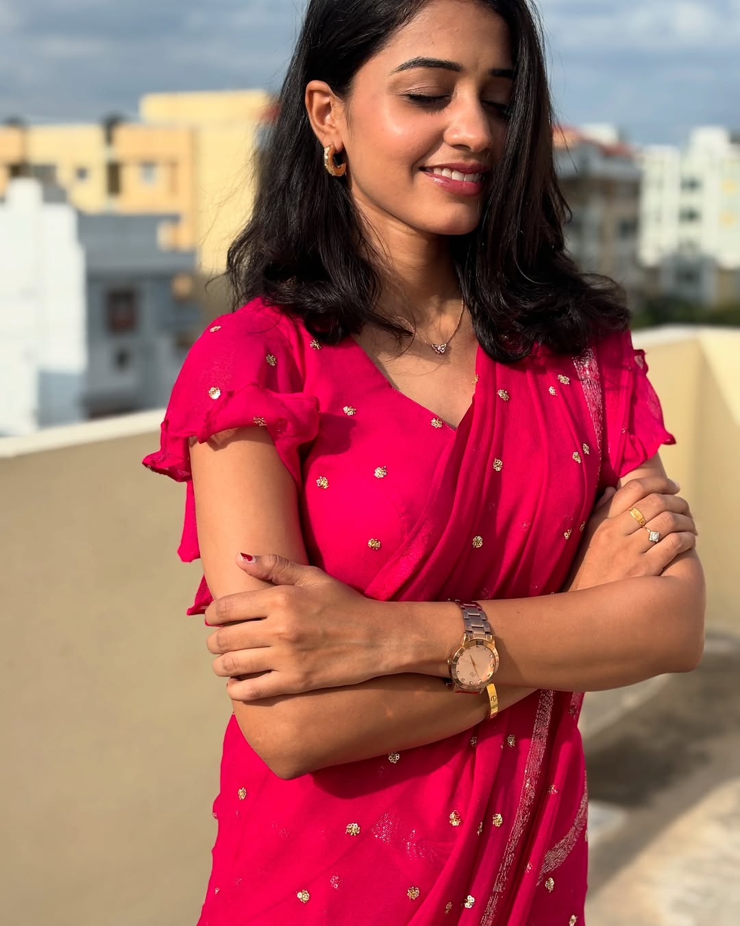 Rani Pink Viscose Georgette Sequins Saree with Satin Border & Contrast Blouse – Partywear Collection