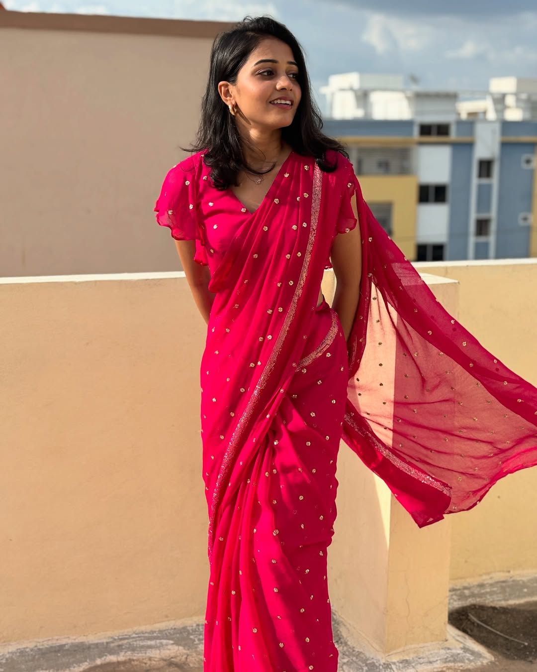 Rani Pink Viscose Georgette Sequins Saree with Satin Border & Contrast Blouse – Partywear Collection