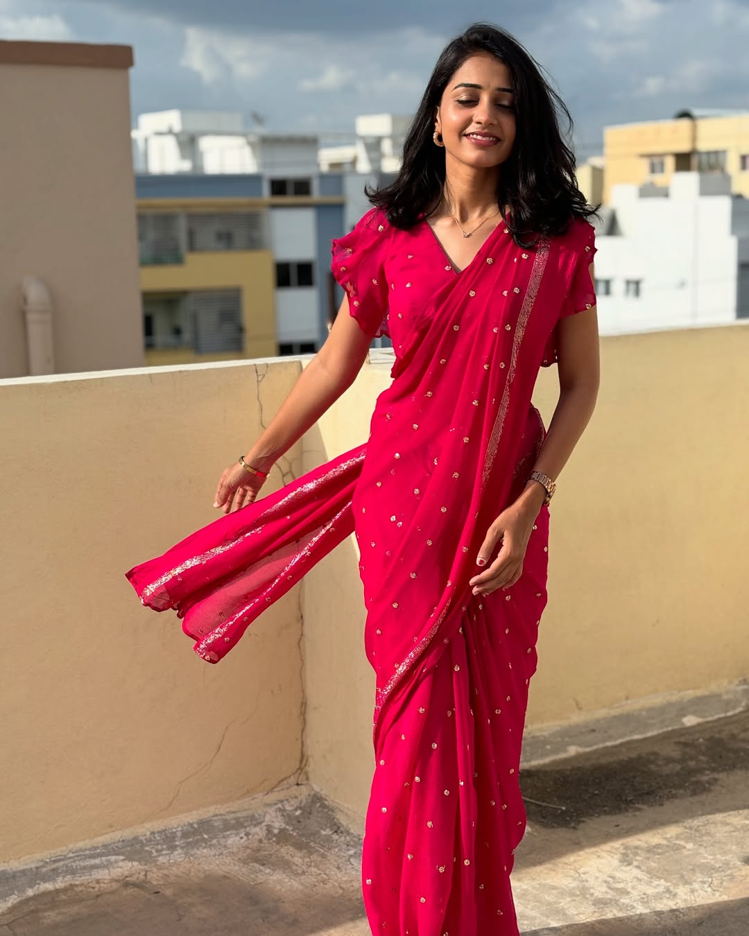 Rani Pink Viscose Georgette Sequins Saree with Satin Border & Contrast Blouse – Partywear Collection