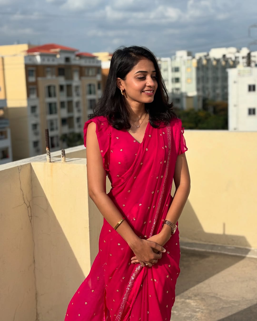 Rani Pink Viscose Georgette Sequins Saree with Satin Border & Contrast Blouse – Partywear Collection