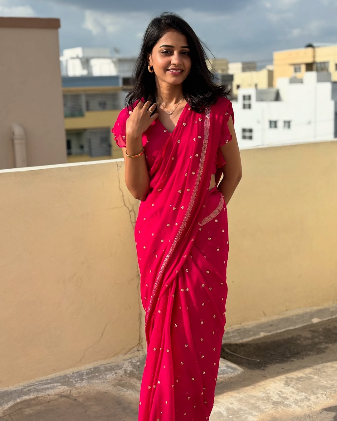 Rani Pink Viscose Georgette Sequins Saree with Satin Border & Contrast Blouse – Partywear Collection