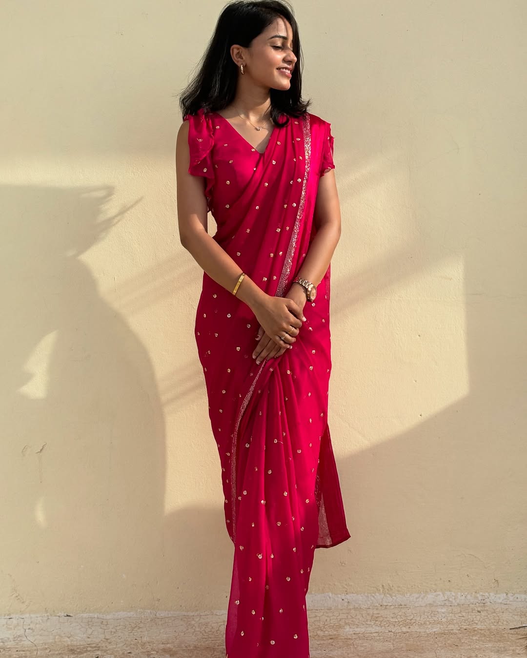 Rani Pink Viscose Georgette Sequins Saree with Satin Border & Contrast Blouse – Partywear Collection