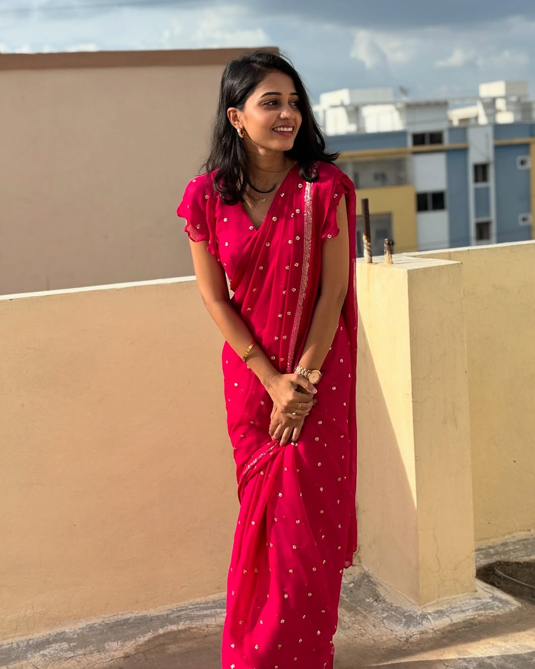 Rani Pink Viscose Georgette Sequins Saree with Satin Border & Contrast Blouse – Partywear Collection