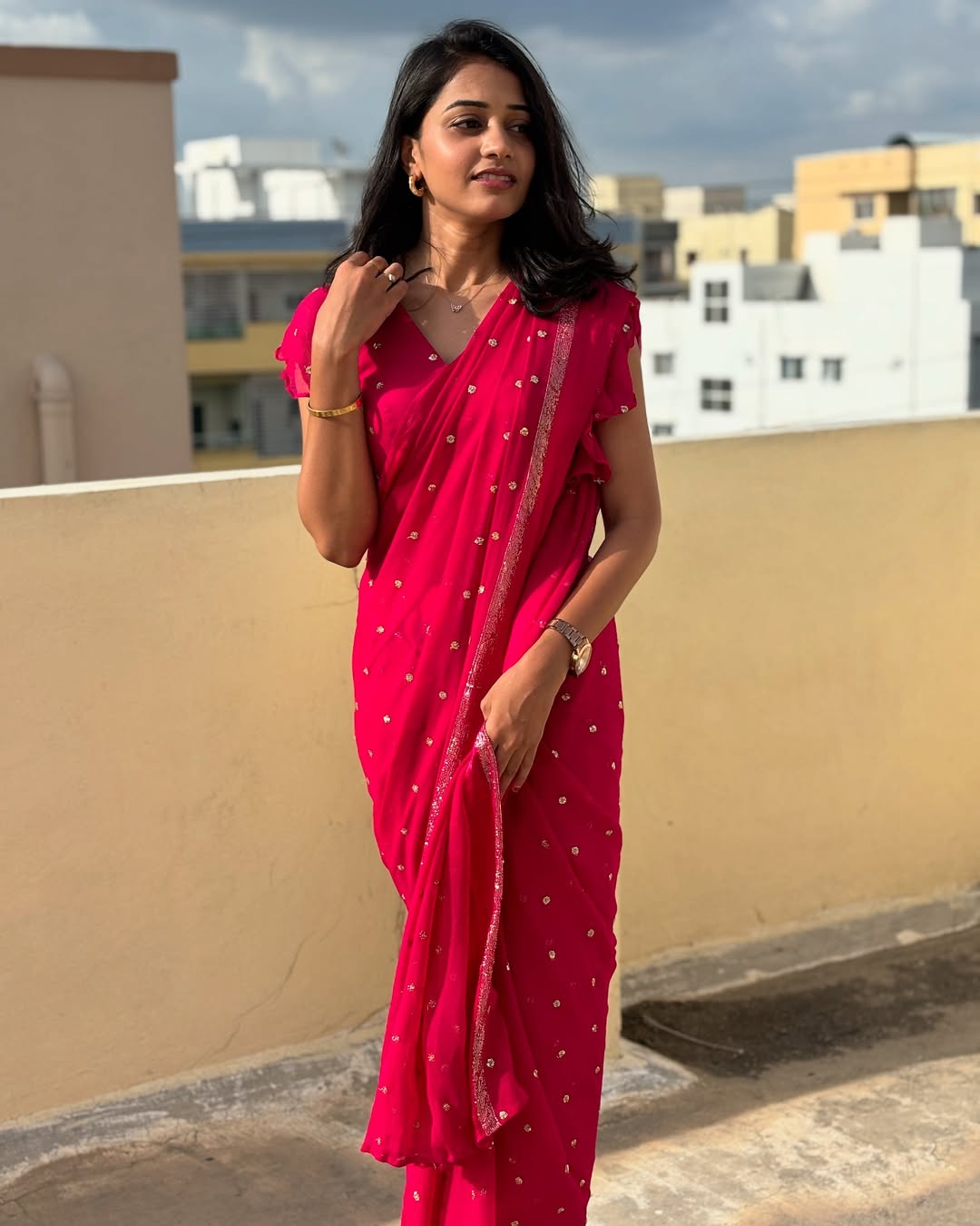 Rani Pink Viscose Georgette Sequins Saree with Satin Border & Contrast Blouse – Partywear Collection