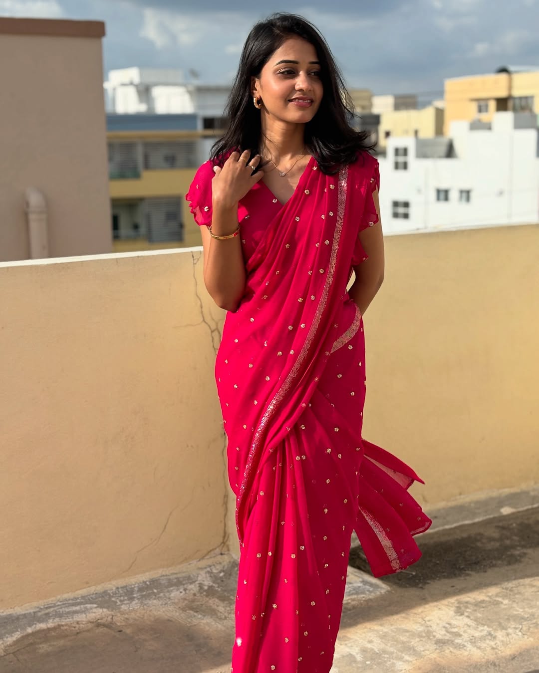 Rani Pink Viscose Georgette Sequins Saree with Satin Border & Contrast Blouse – Partywear Collection