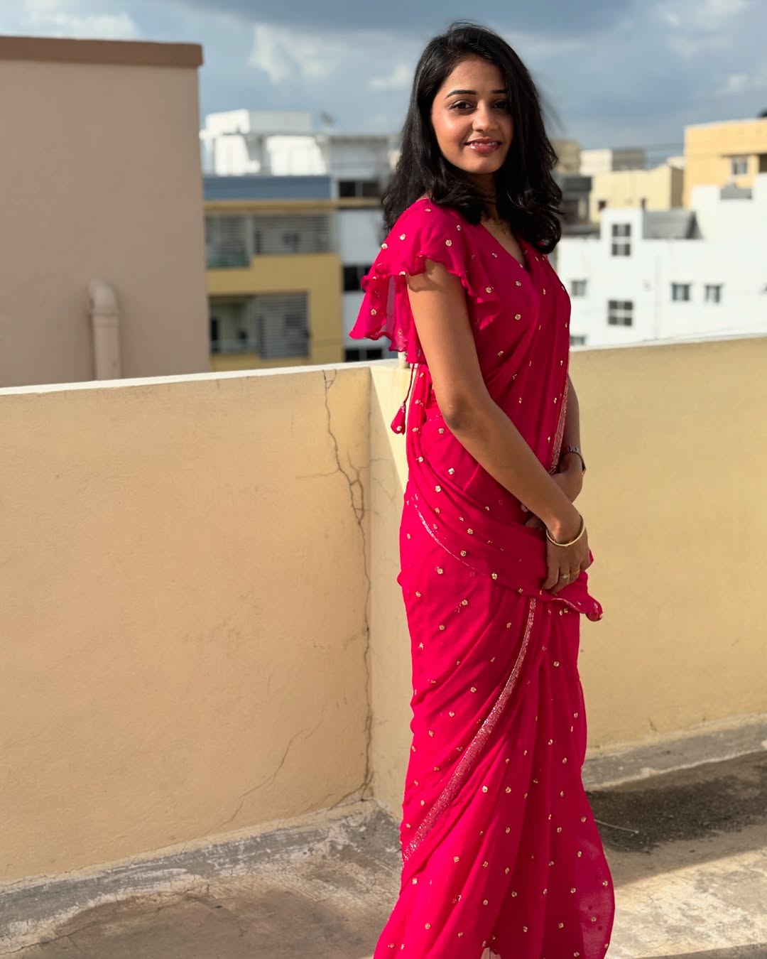 Rani Pink Viscose Georgette Sequins Saree with Satin Border & Contrast Blouse – Partywear Collection