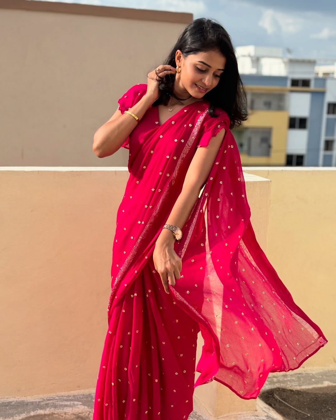 Rani Pink Viscose Georgette Sequins Saree with Satin Border & Contrast Blouse – Partywear Collection