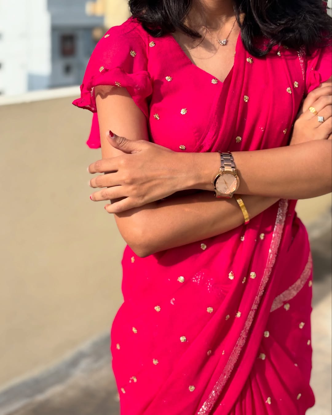 Rani Pink Viscose Georgette Sequins Saree with Satin Border & Contrast Blouse – Partywear Collection