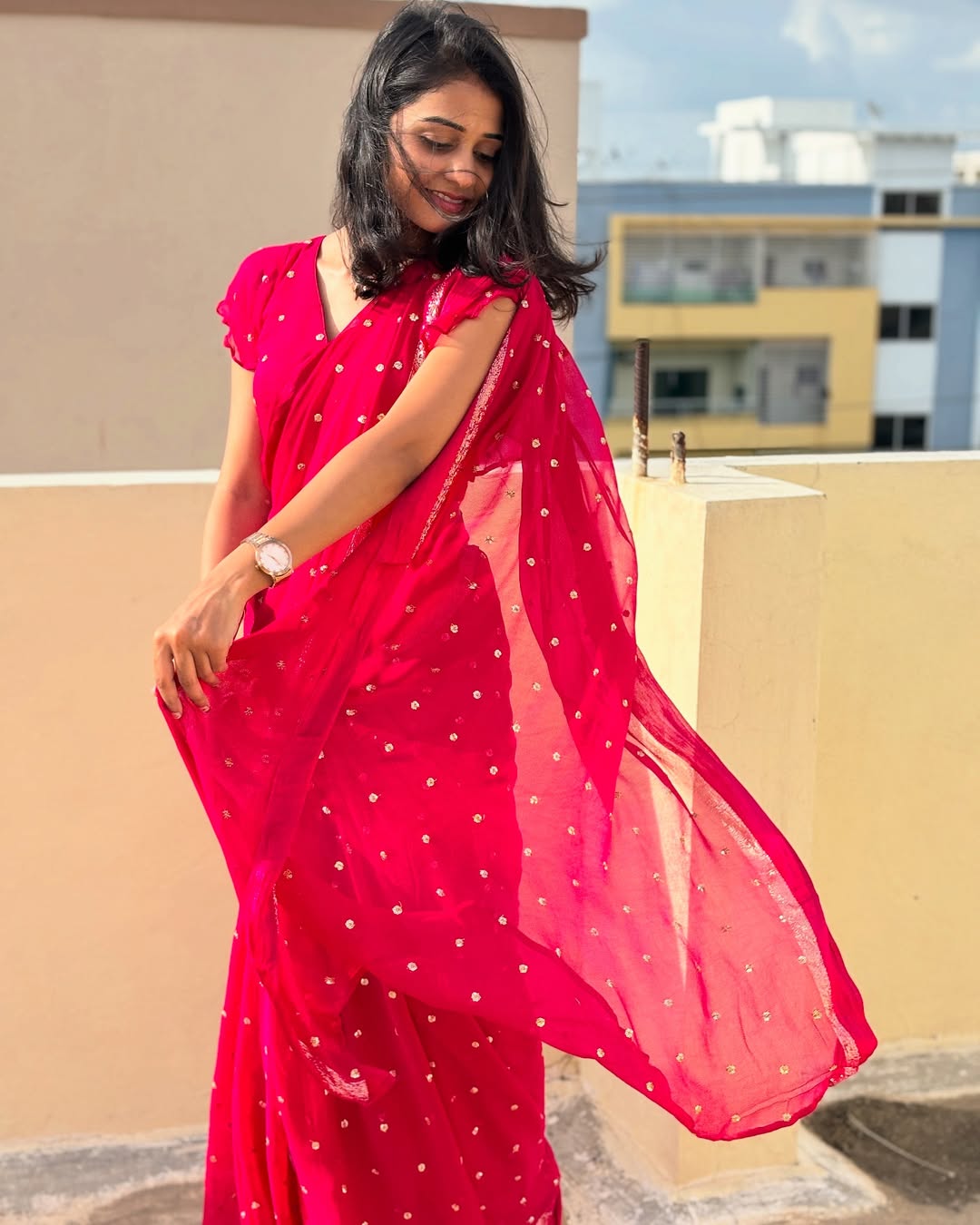 Rani Pink Viscose Georgette Sequins Saree with Satin Border & Contrast Blouse – Partywear Collection