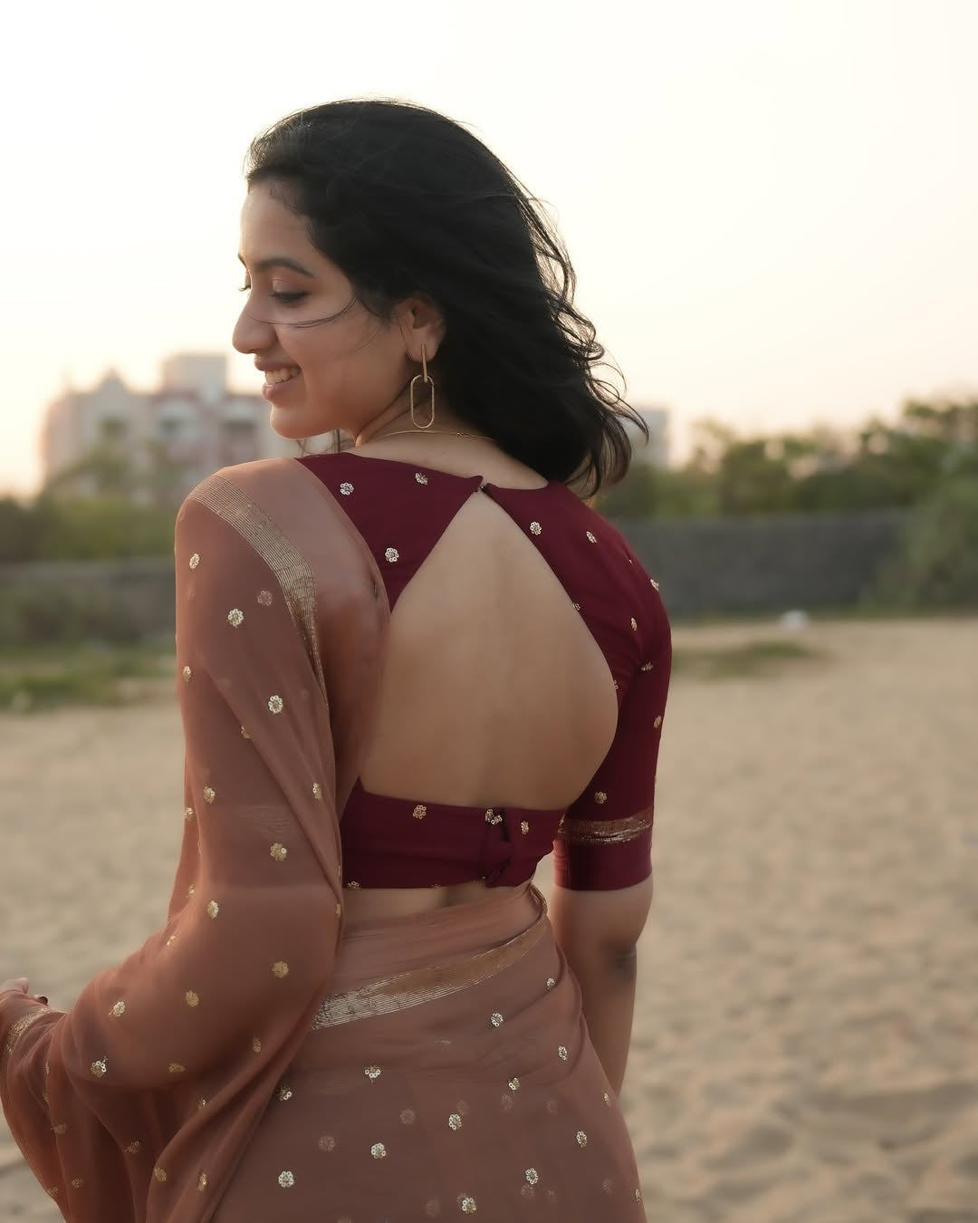 Light Brown Viscose Georgette Sequins Saree with Satin Border & Contrast Blouse – Partywear Collection