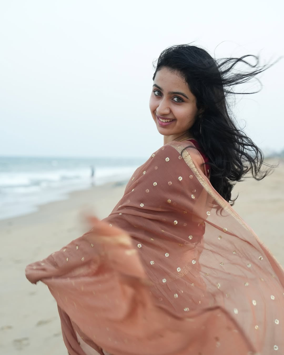 Light Brown Viscose Georgette Sequins Saree with Satin Border & Contrast Blouse – Partywear Collection