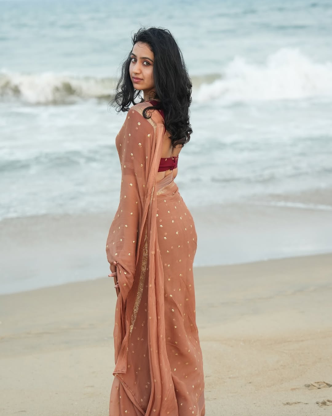 Light Brown Viscose Georgette Sequins Saree with Satin Border & Contrast Blouse – Partywear Collection