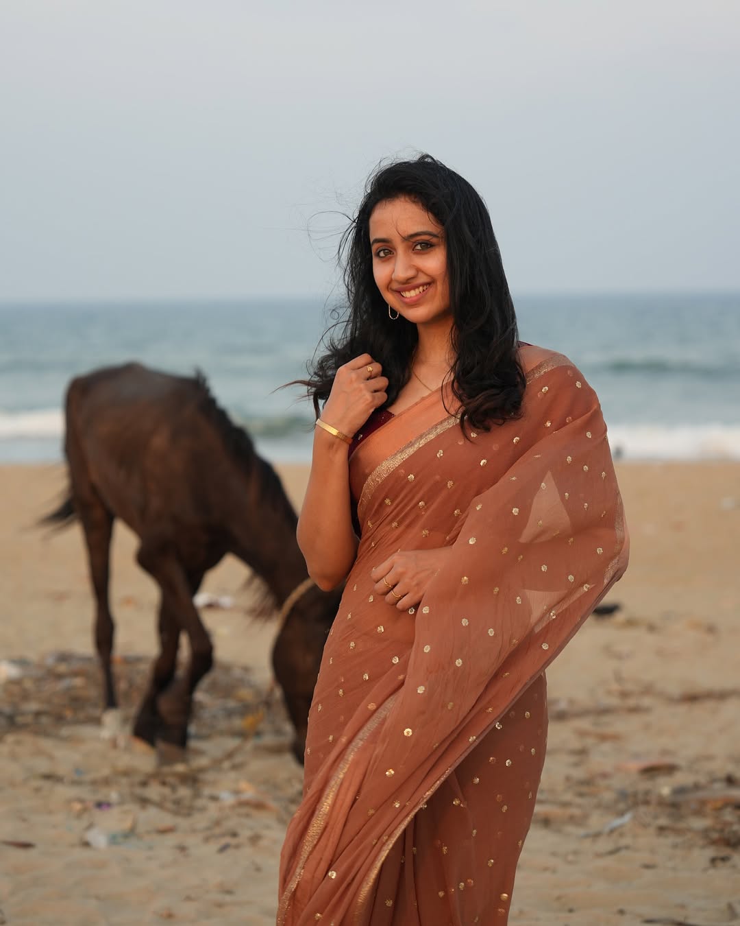 Light Brown Viscose Georgette Sequins Saree with Satin Border & Contrast Blouse – Partywear Collection