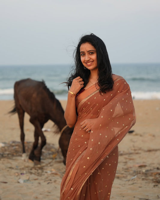 Light Brown Viscose Georgette Sequins Saree with Satin Border & Contrast Blouse – Partywear Collection