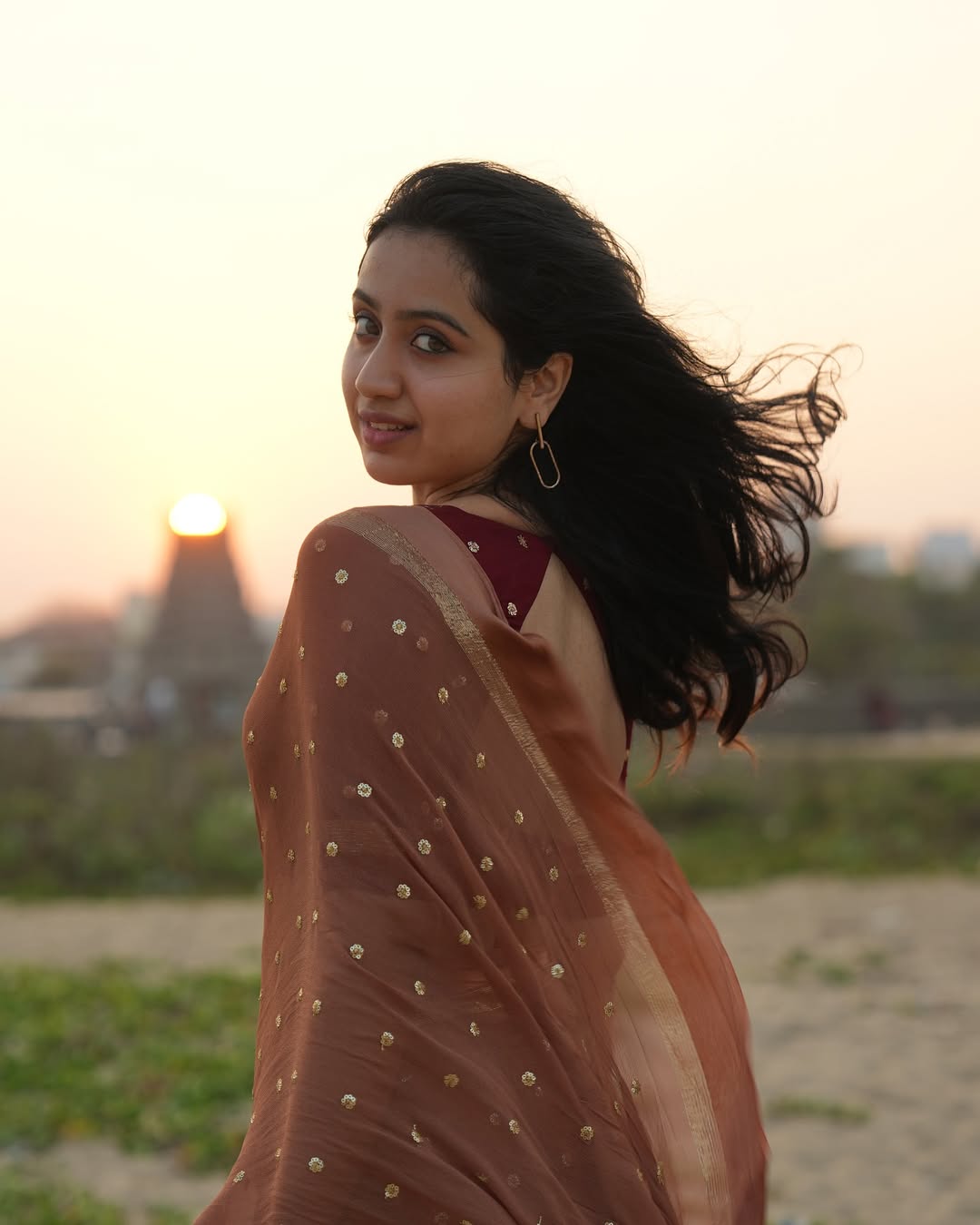 Light Brown Viscose Georgette Sequins Saree with Satin Border & Contrast Blouse – Partywear Collection