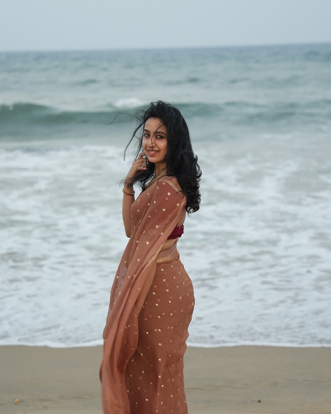 Light Brown Viscose Georgette Sequins Saree with Satin Border & Contrast Blouse – Partywear Collection