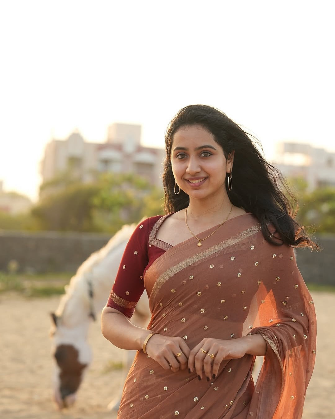 Light Brown Viscose Georgette Sequins Saree with Satin Border & Contrast Blouse – Partywear Collection