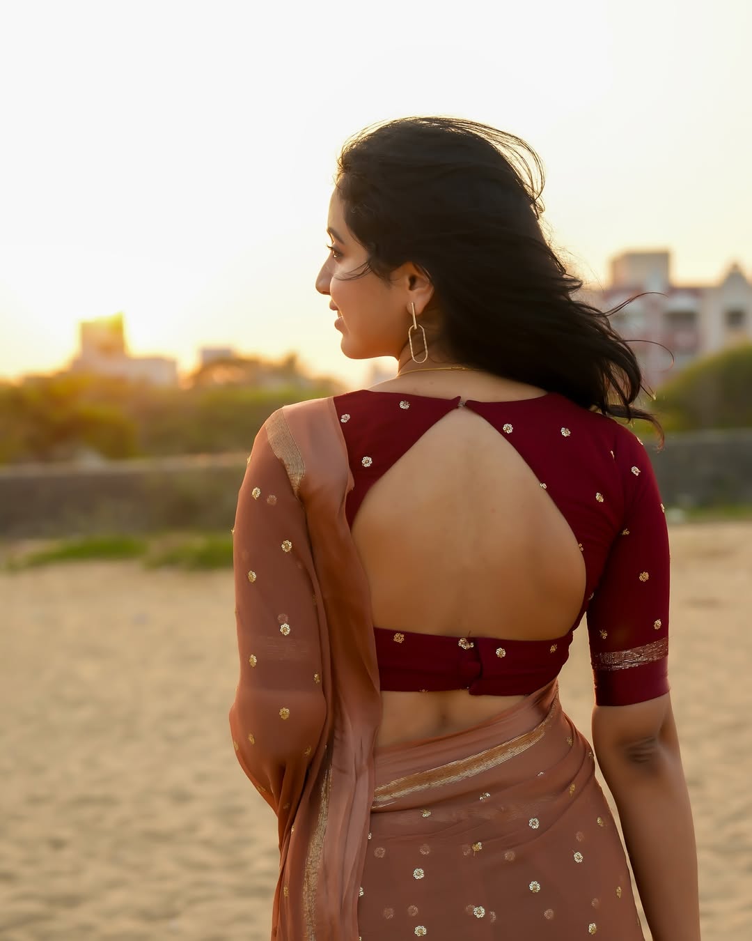 Light Brown Viscose Georgette Sequins Saree with Satin Border & Contrast Blouse – Partywear Collection