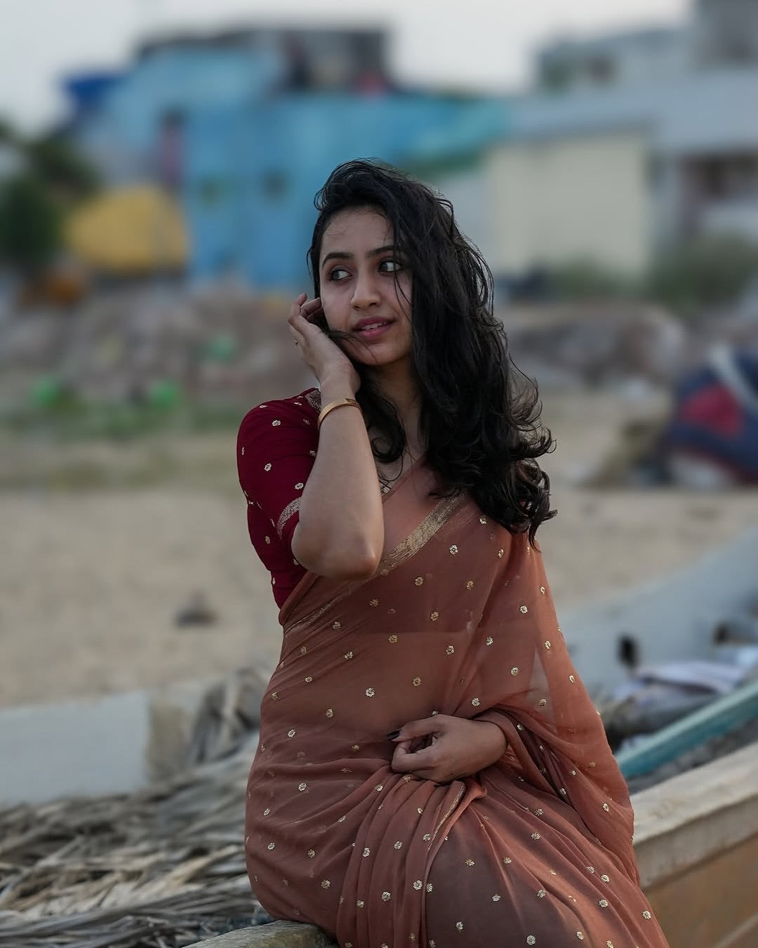 Light Brown Viscose Georgette Sequins Saree with Satin Border & Contrast Blouse – Partywear Collection