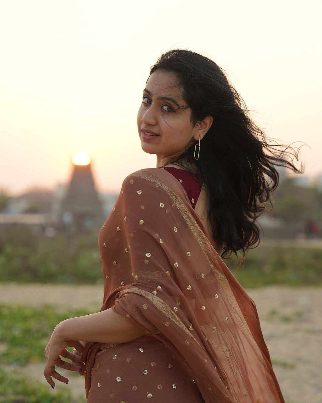 Light Brown Viscose Georgette Sequins Saree with Satin Border & Contrast Blouse – Partywear Collection