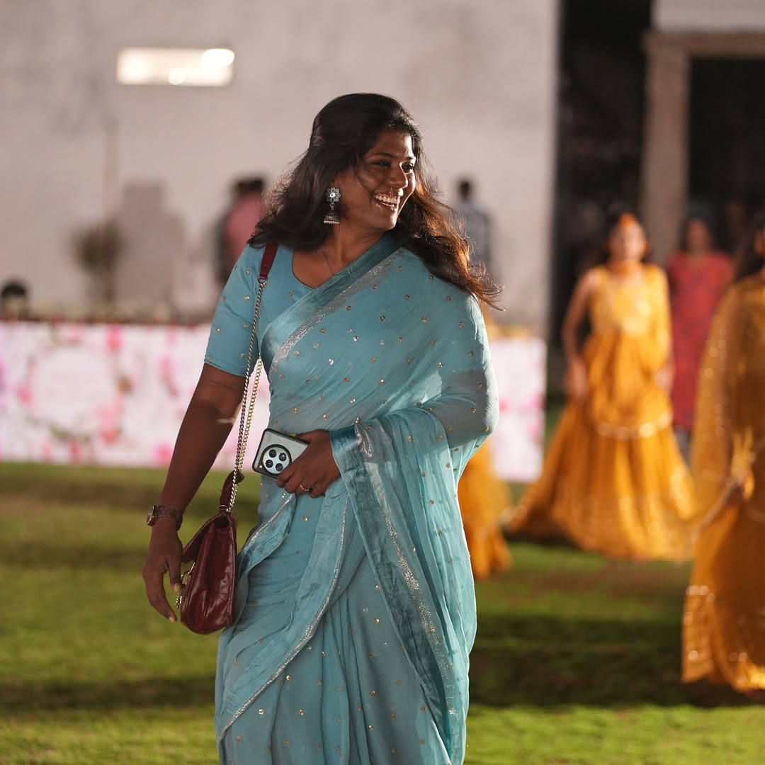 Light Blue Viscose Georgette Sequins Saree with Satin Border & Contrast Blouse – Partywear Collection