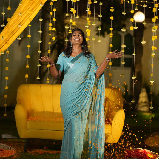 Light Blue Viscose Georgette Sequins Saree with Satin Border & Contrast Blouse – Partywear Collection