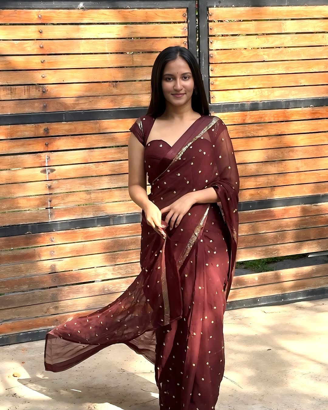 Brown Viscose Georgette Sequins Saree with Satin Border & Contrast Blouse – Partywear Collection