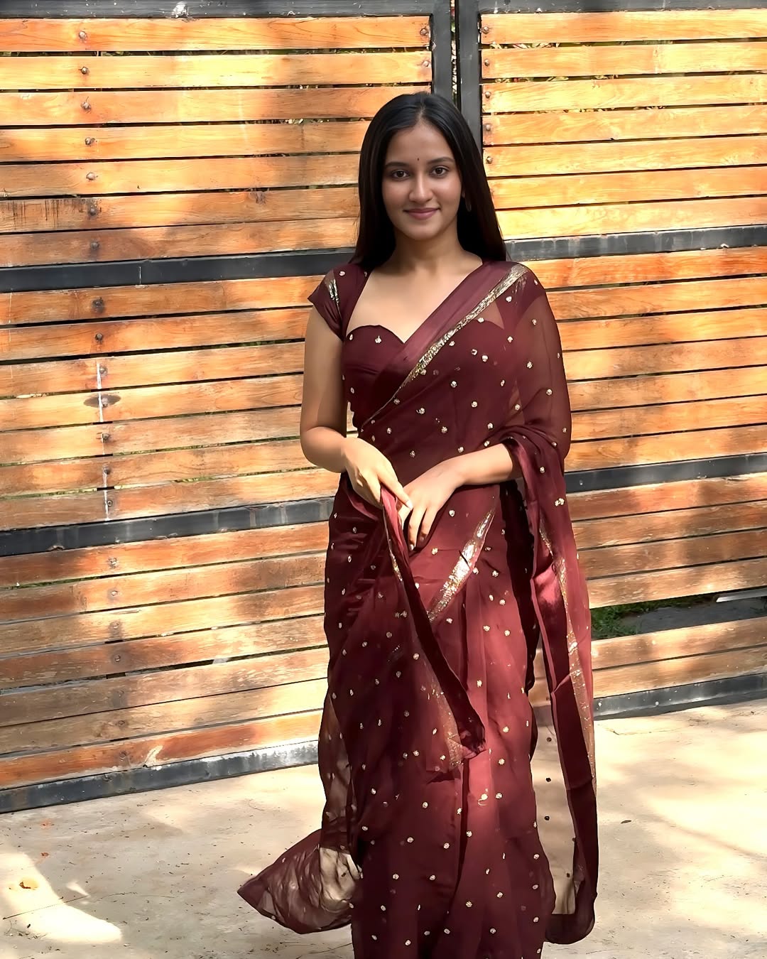 Brown Viscose Georgette Sequins Saree with Satin Border & Contrast Blouse – Partywear Collection