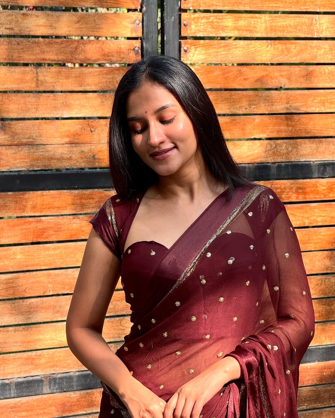 Brown Viscose Georgette Sequins Saree with Satin Border & Contrast Blouse – Partywear Collection