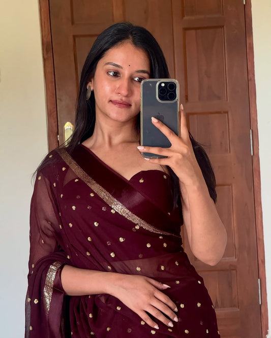 Brown Viscose Georgette Sequins Saree with Satin Border & Contrast Blouse – Partywear Collection