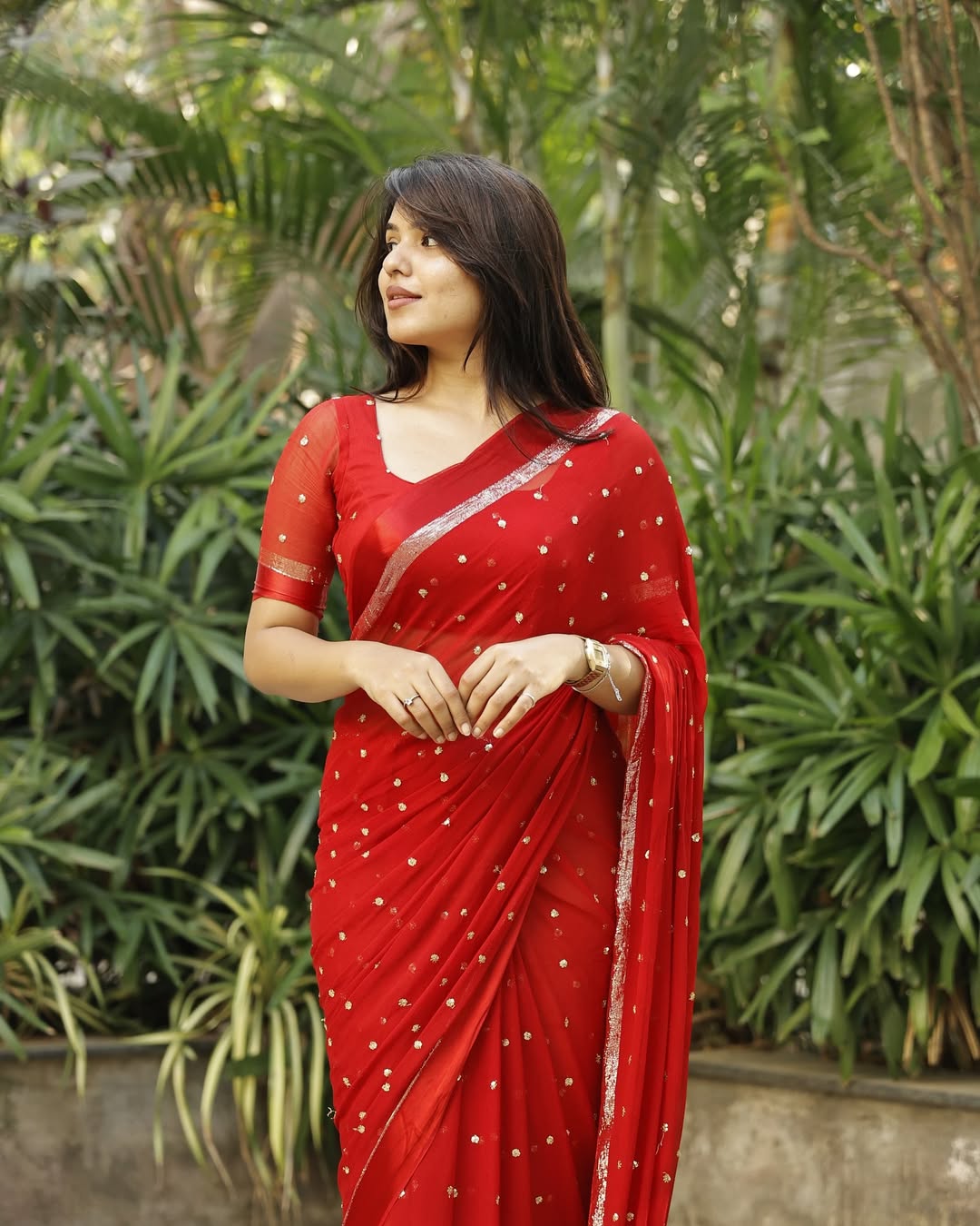 Red Viscose Georgette Sequins Saree with Satin Border & Contrast Blouse – Partywear Collection