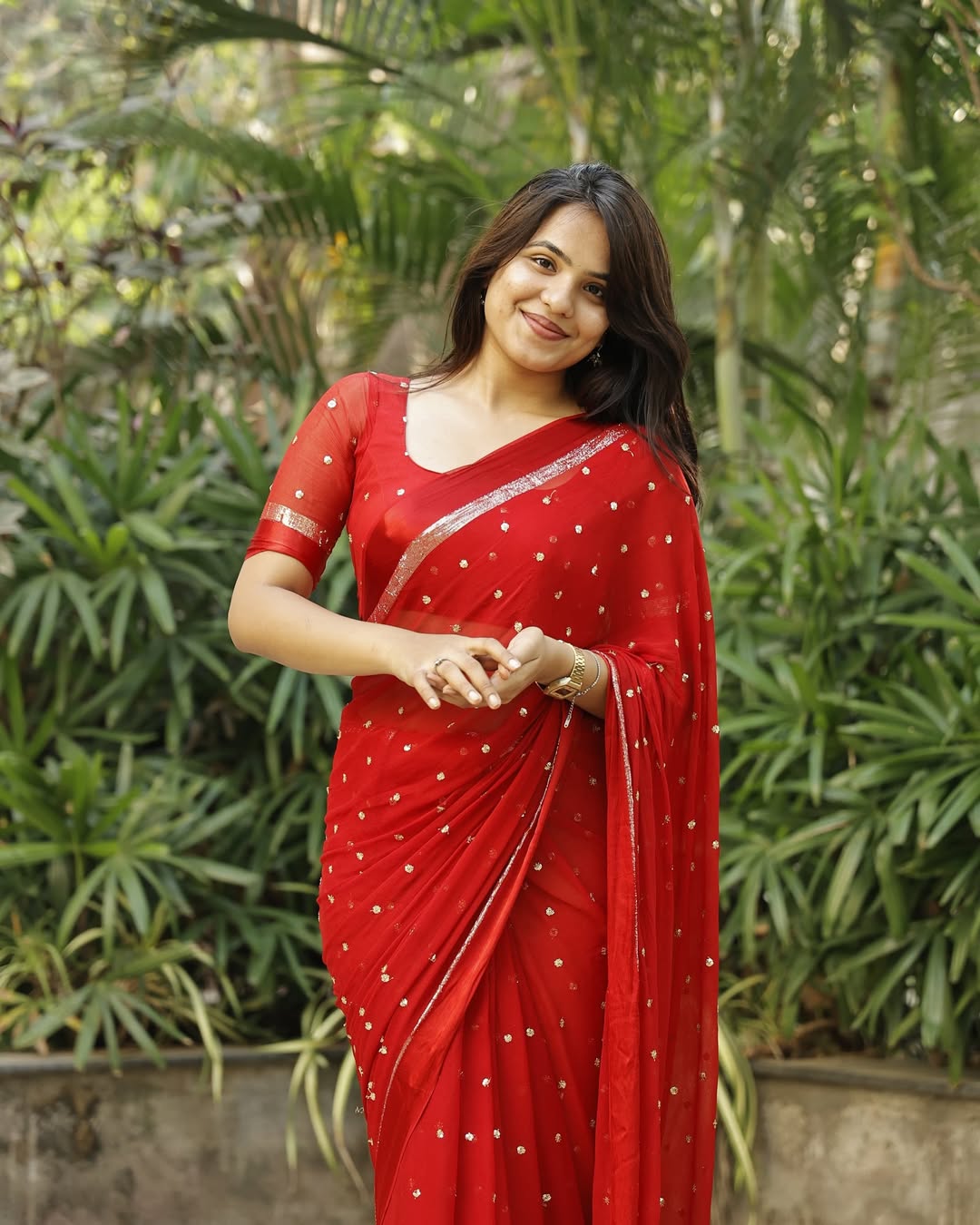 Red Viscose Georgette Sequins Saree with Satin Border & Contrast Blouse – Partywear Collection