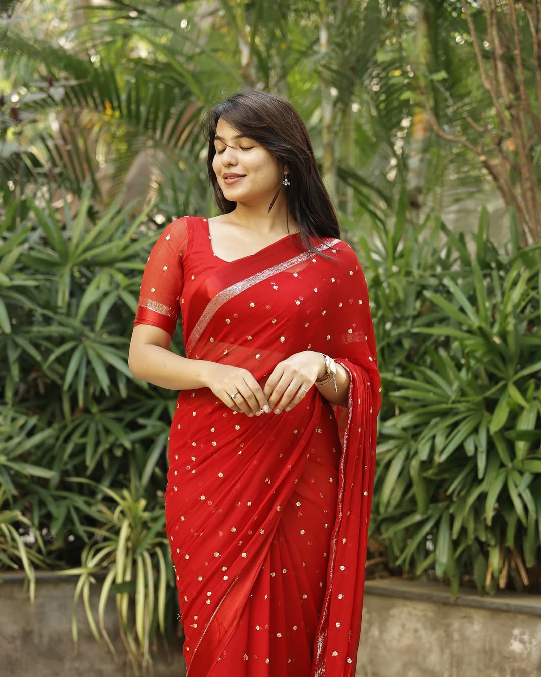 Red Viscose Georgette Sequins Saree with Satin Border & Contrast Blouse – Partywear Collection