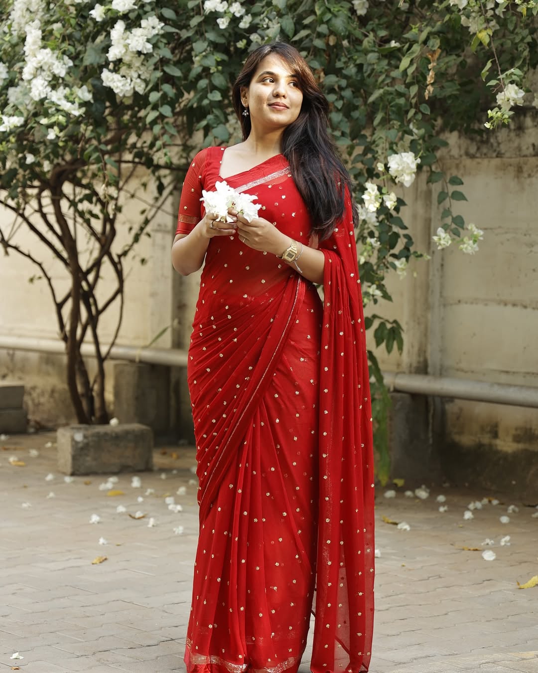 Red Viscose Georgette Sequins Saree with Satin Border & Contrast Blouse – Partywear Collection
