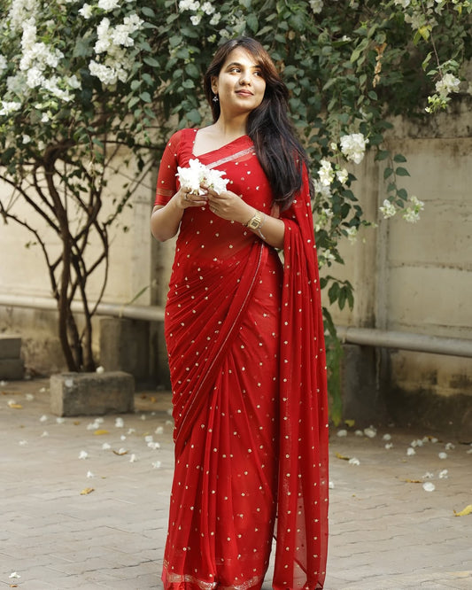 Red Viscose Georgette Sequins Saree with Satin Border & Contrast Blouse – Partywear Collection