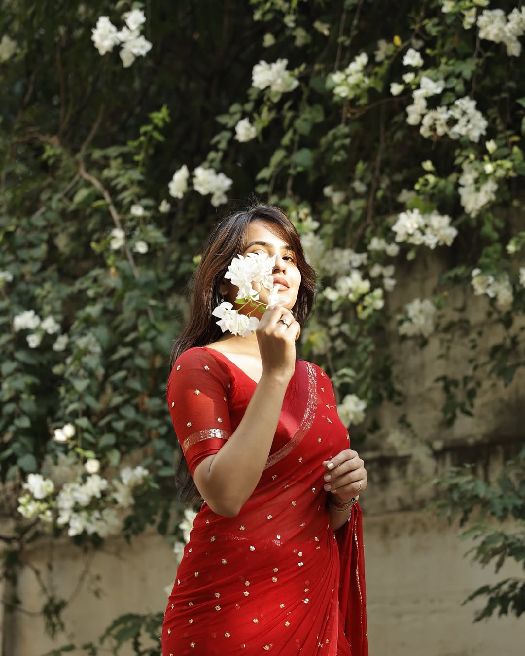 Red Viscose Georgette Sequins Saree with Satin Border & Contrast Blouse – Partywear Collection