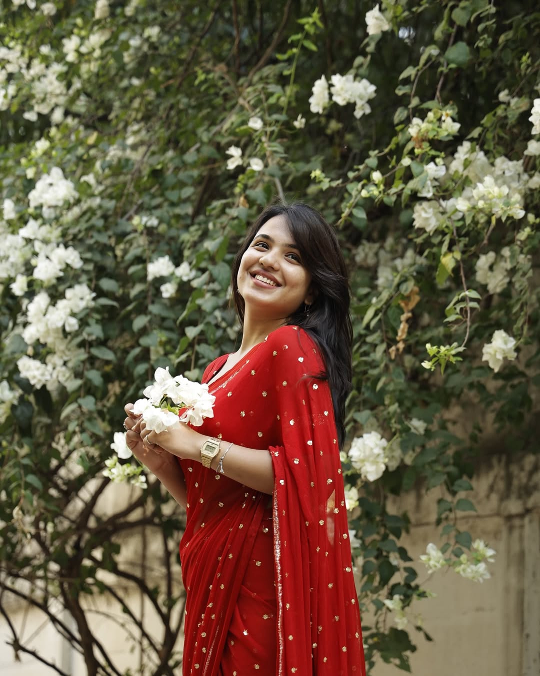 Red Viscose Georgette Sequins Saree with Satin Border & Contrast Blouse – Partywear Collection