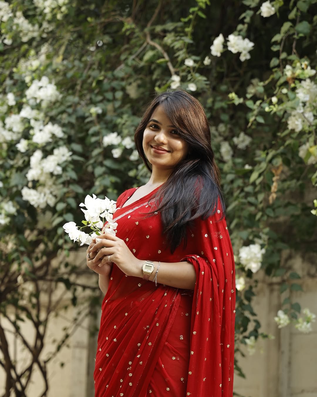 Red Viscose Georgette Sequins Saree with Satin Border & Contrast Blouse – Partywear Collection